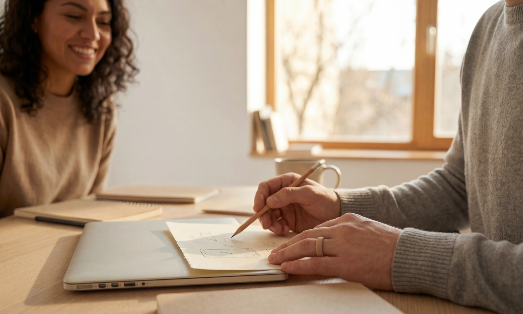 Two People Discussing Plans at Table